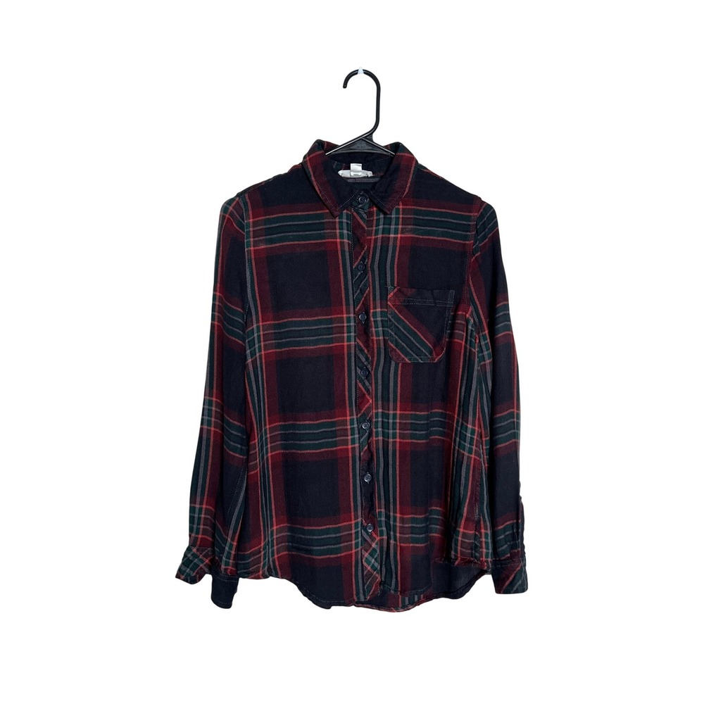Beachlunchlounge Womens Plaid Button Down Shirt Rayon Burgundy Green Small